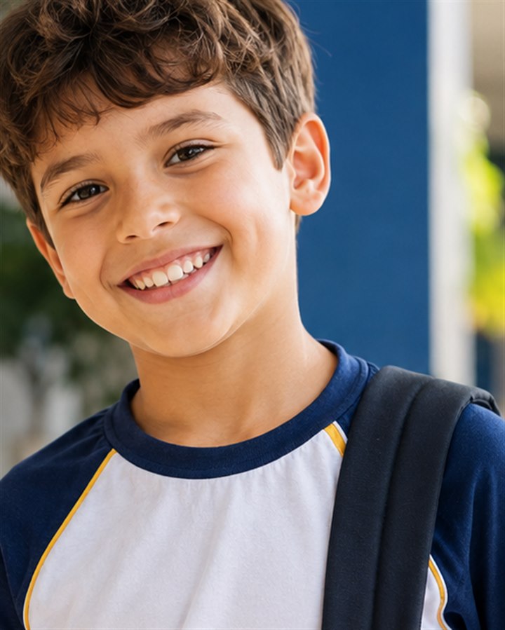 Aluno uniformizado em frente à escola